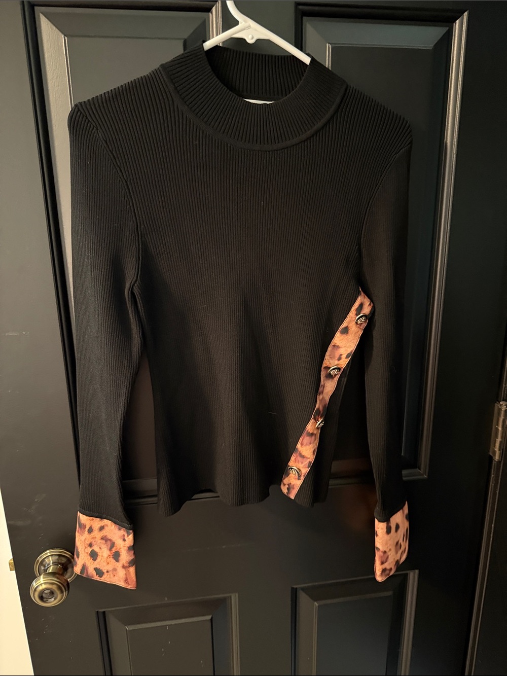 Milly Black Ribbed Long-Sleeve Top with Leopard-Print Accents